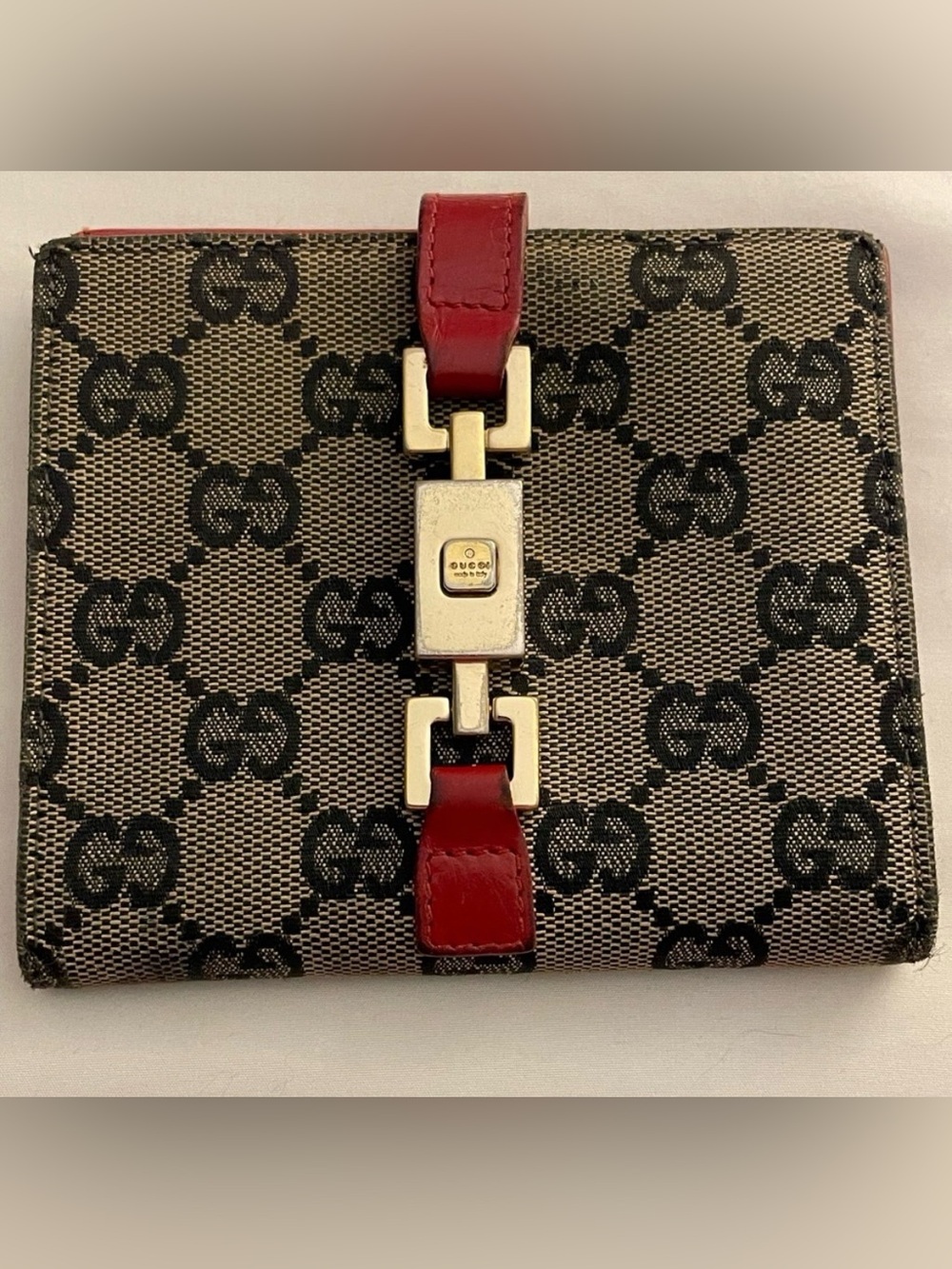 Vintage Gucci Jackie Compact Bifold Wallet Tan Canvas with Red Leather Trim